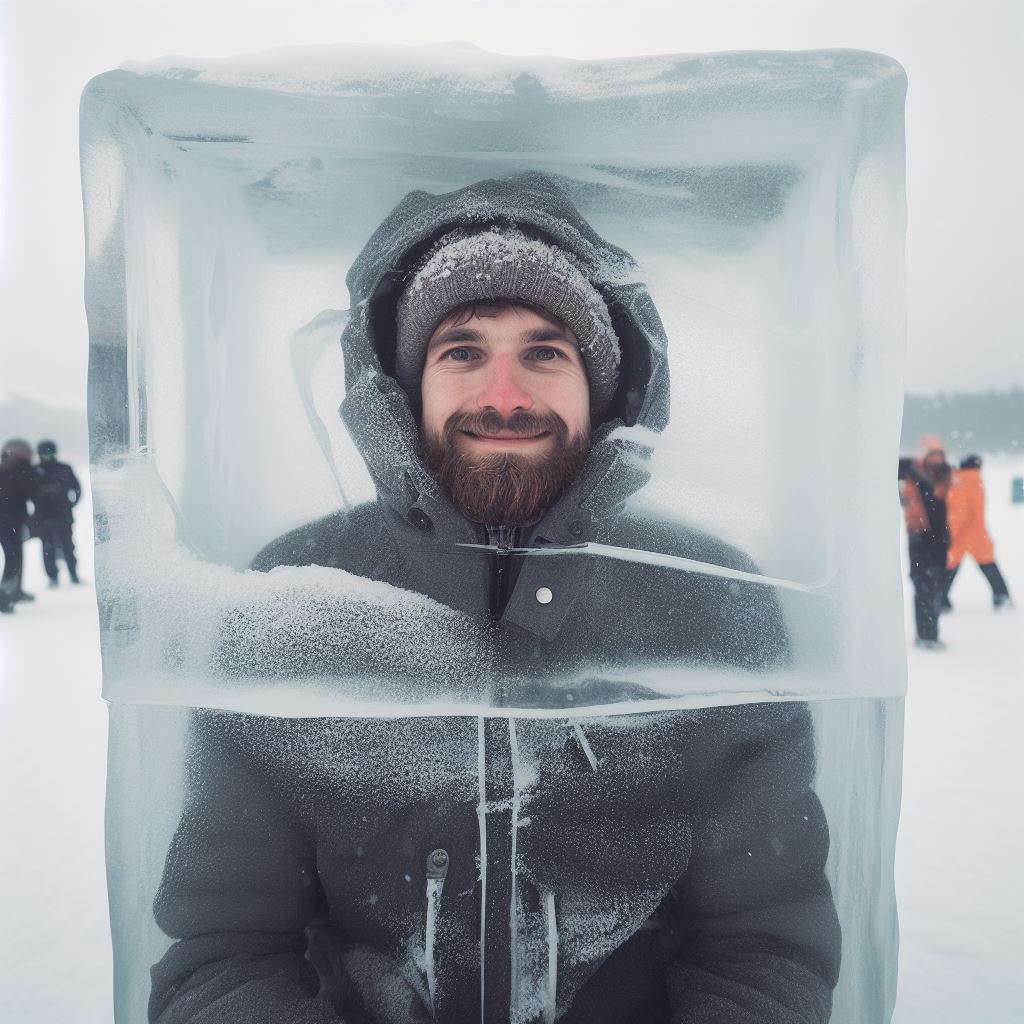 Homme dans un bloc de glace qui sourit